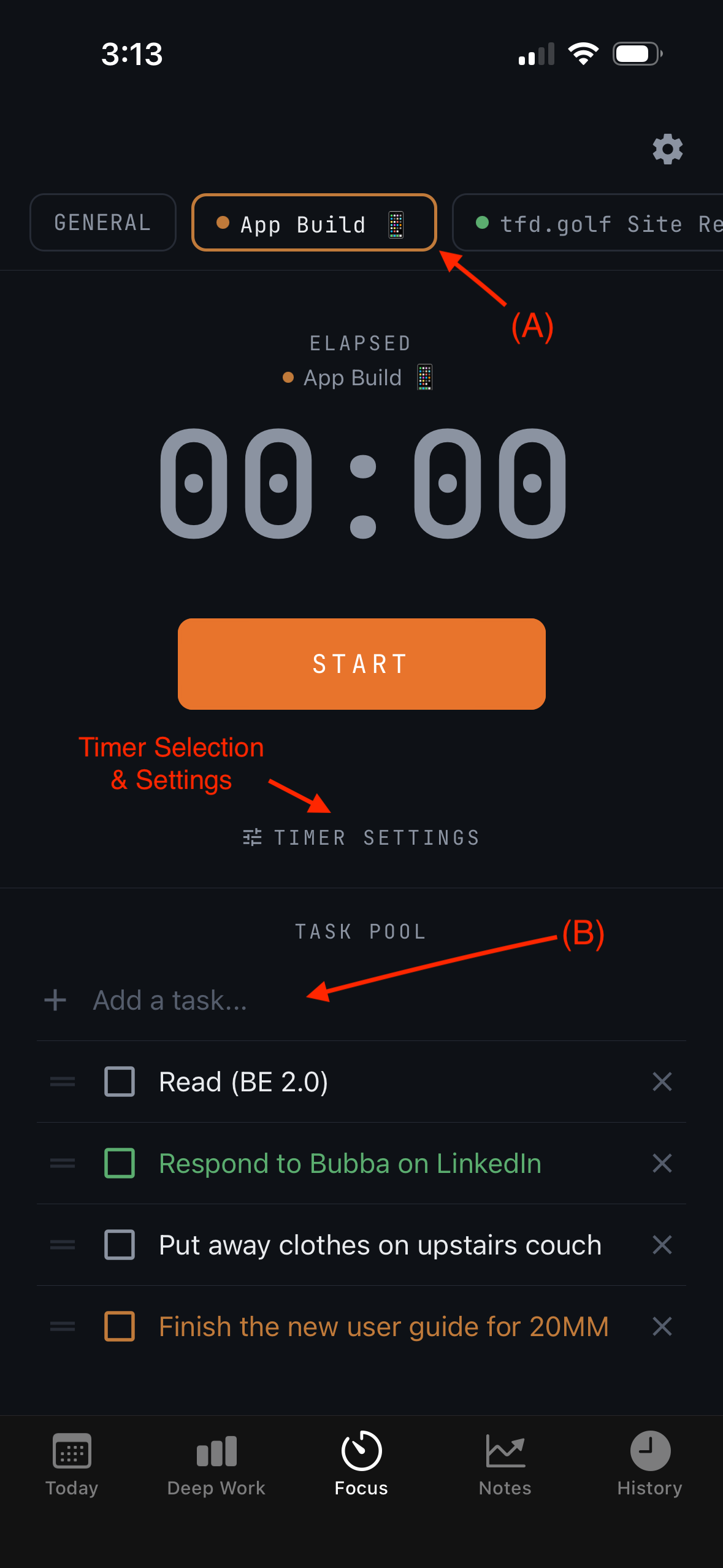 Focus screen — pursuit selection, timer and task pool (A–B)