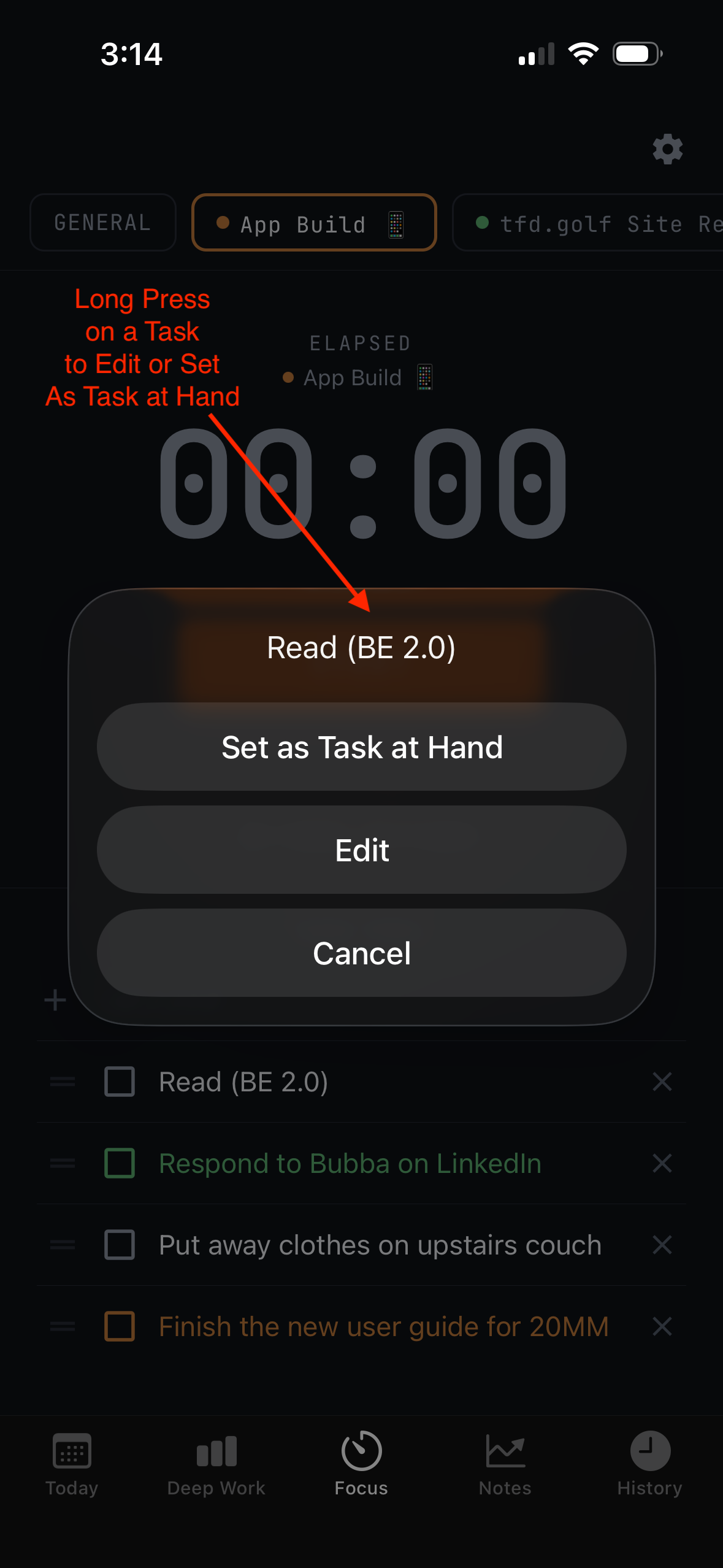Focus screen — long press a task to set as Task at Hand