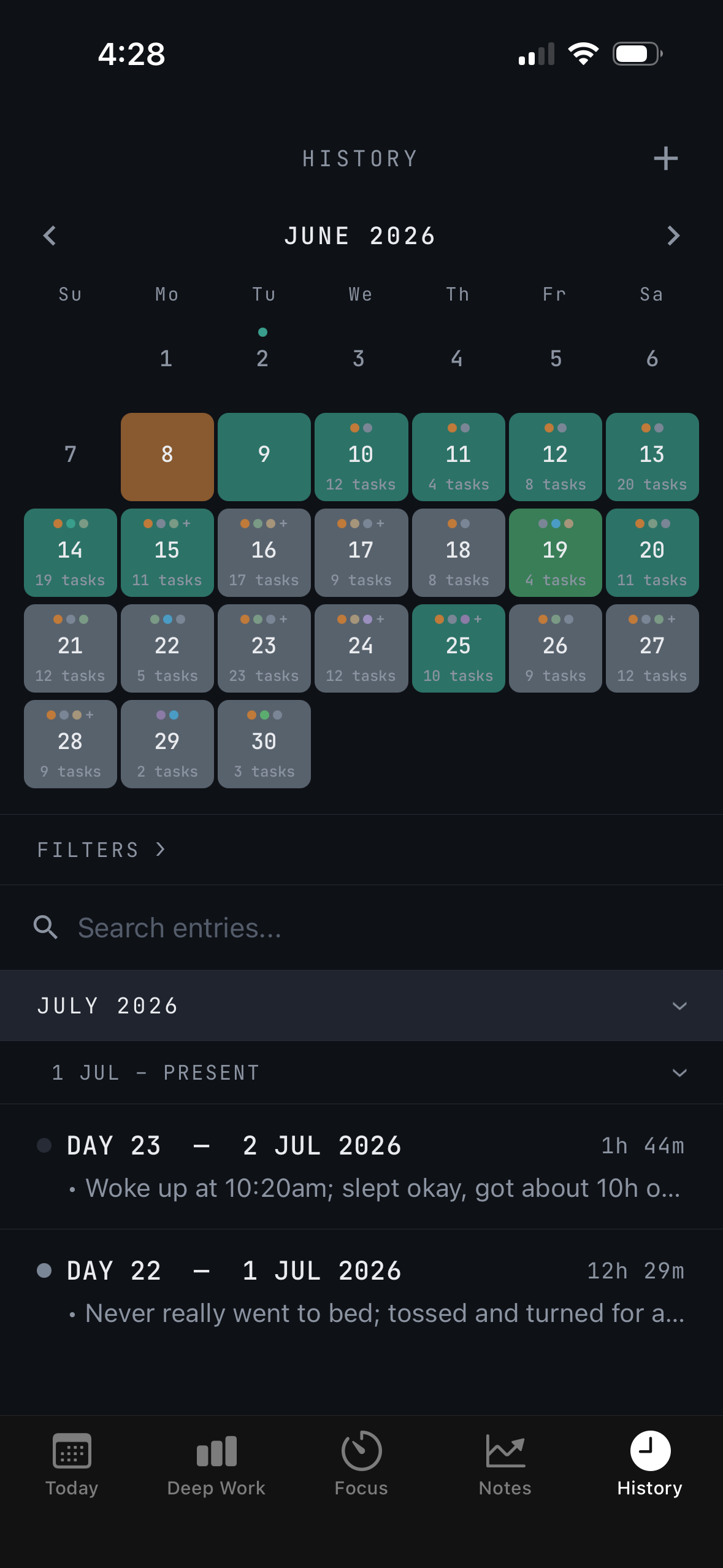 History screen — mood heatmap calendar, filters, search and day entries