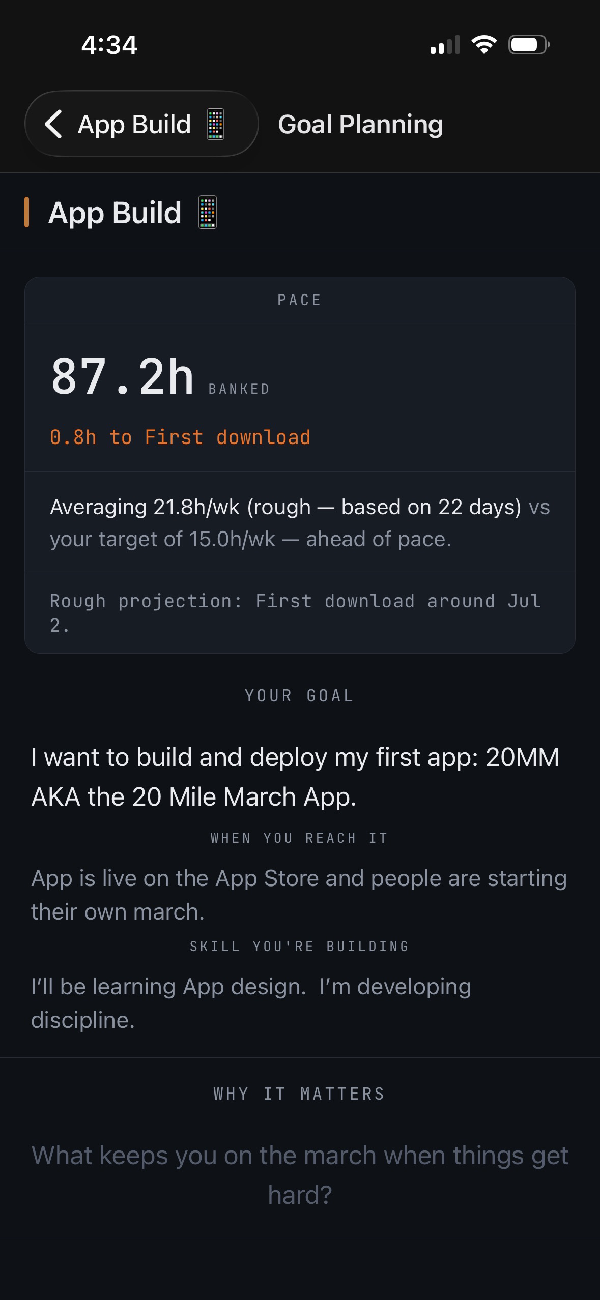 Pursuit goal planning — pace, your goal, skill you're building