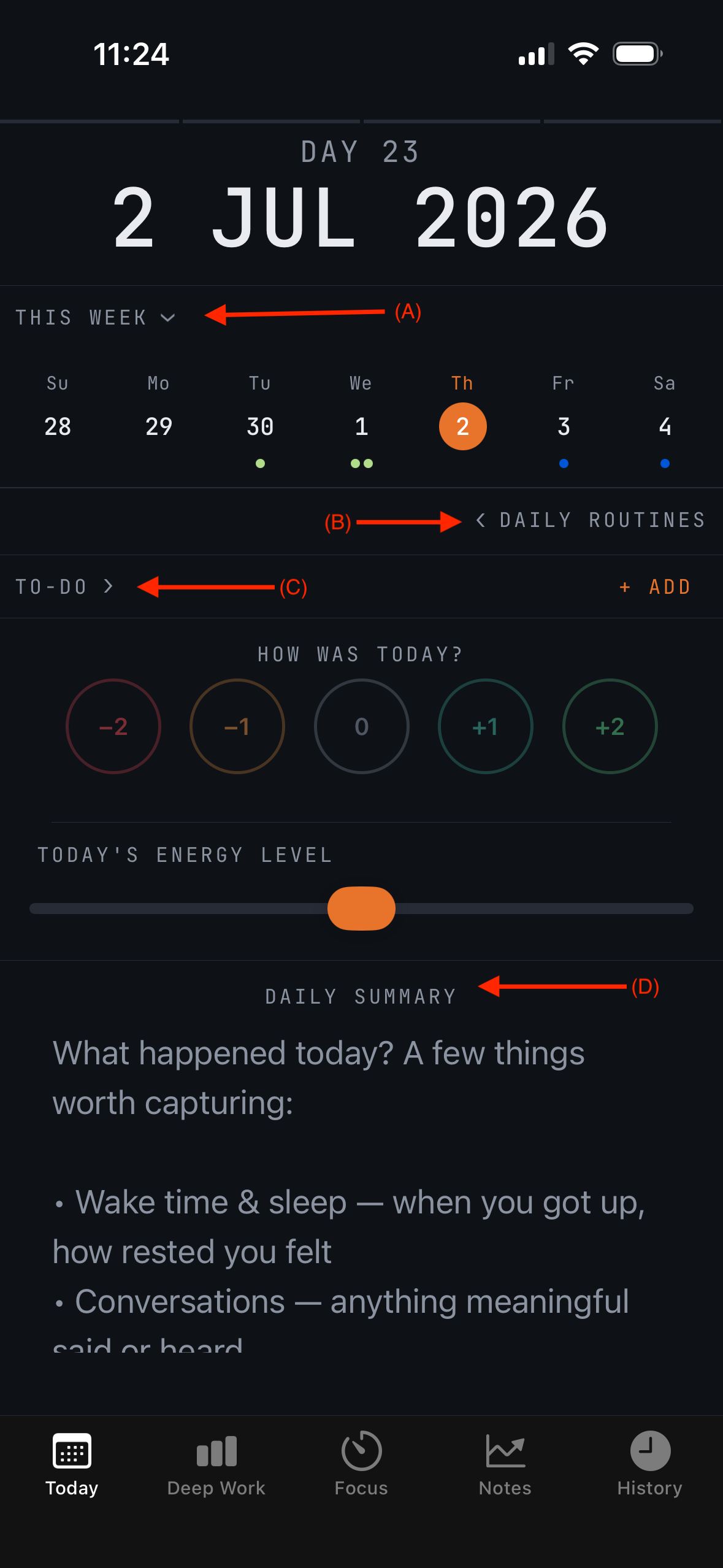 Today screen — This week calendar, daily routines and to-do list (A–C)